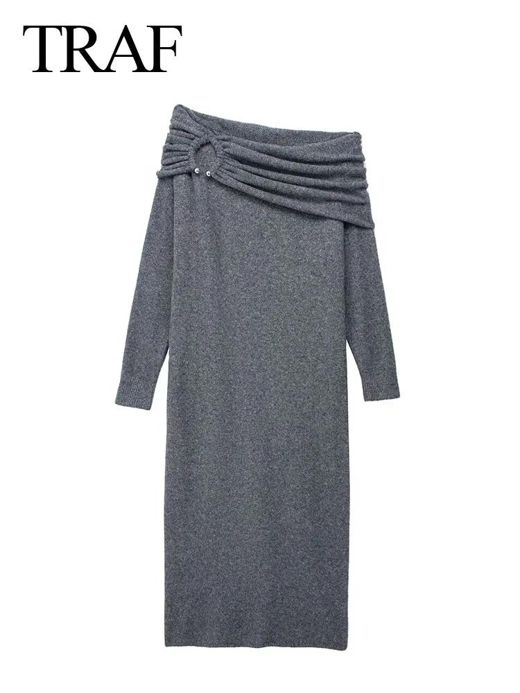 TRAF 여성 패션 원피스 슬래시 넥, 루즈 롱 원피스, 세련된 스트리트웨어, 플리츠 드레스, 2024 용수철